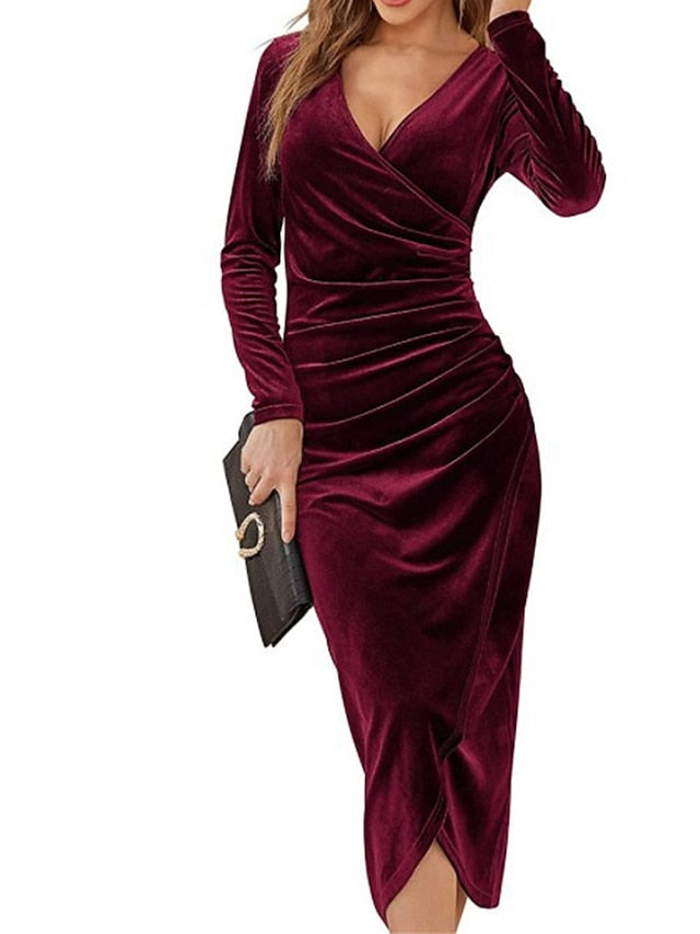 Velvet Cocktail Sleeve Ruched V Neck Fashion Midi Dress