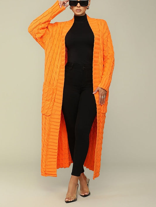 Long Cardigan V Neck Cable Knit Sweater with Pockets