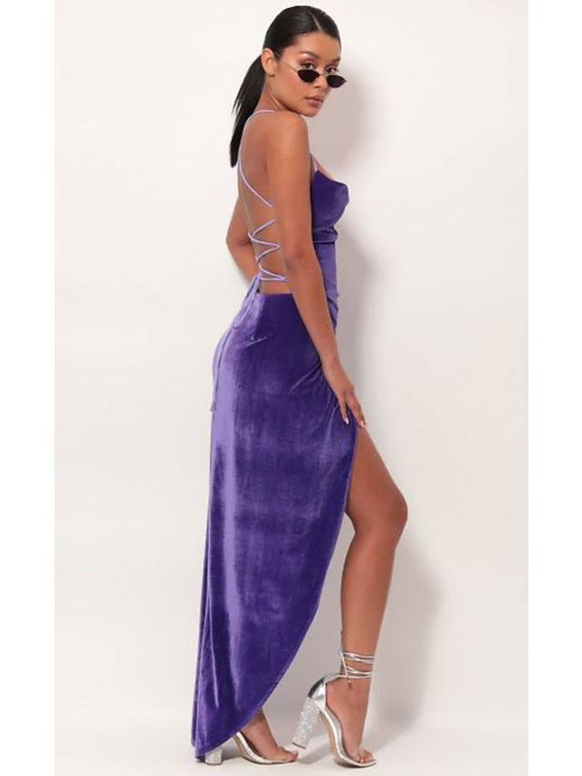 Elegant Sexy Velvet Backless Lace Spaghetti Strap Maxi Dress