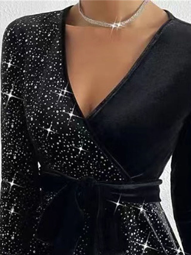 Stunning Black Velvet V Neck Sequin Mini Dress