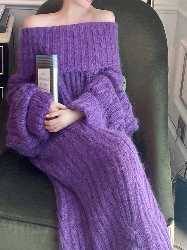 Women's Loose Fitted Maxi Purple Sweater Dress