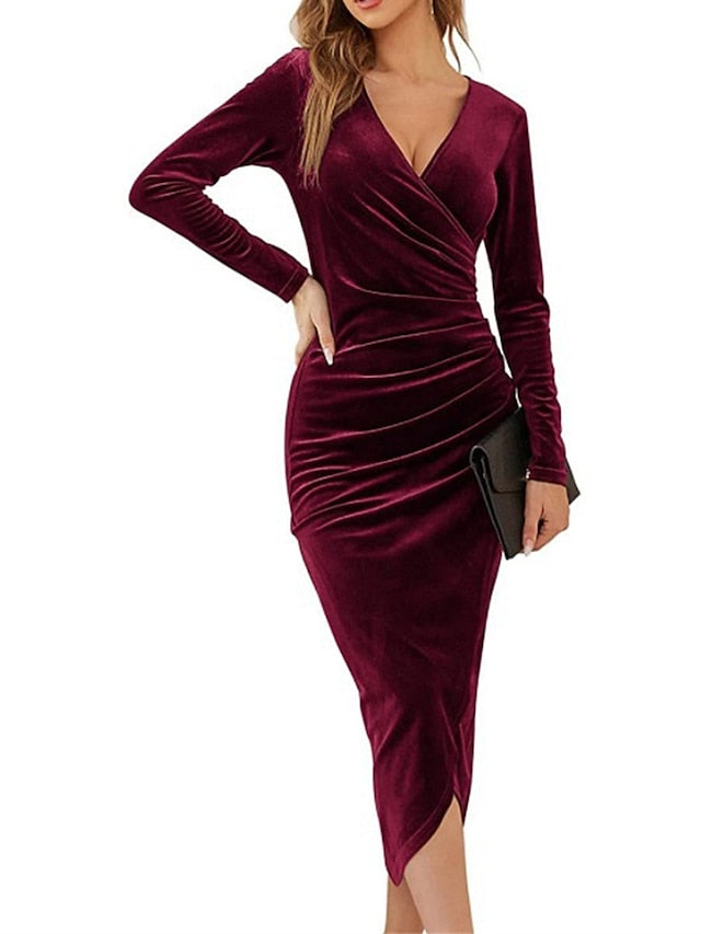 Velvet Cocktail Sleeve Ruched V Neck Fashion Midi Dress