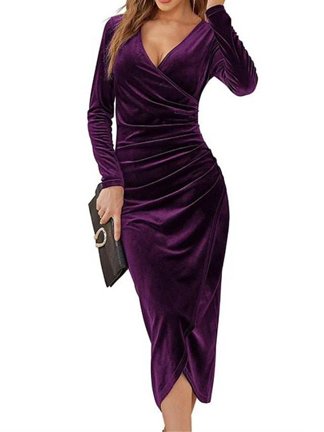 Velvet Cocktail Sleeve Ruched V Neck Fashion Midi Dress