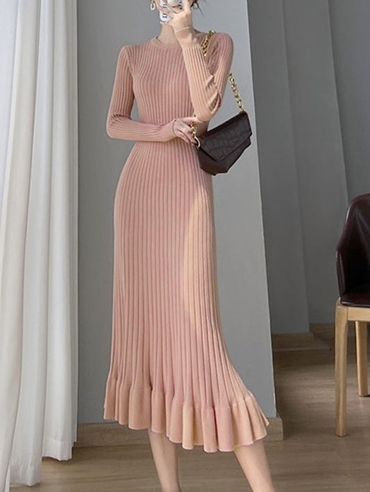 Women's Elegant Long Sleeve Ruffle Sweater Knit Dress