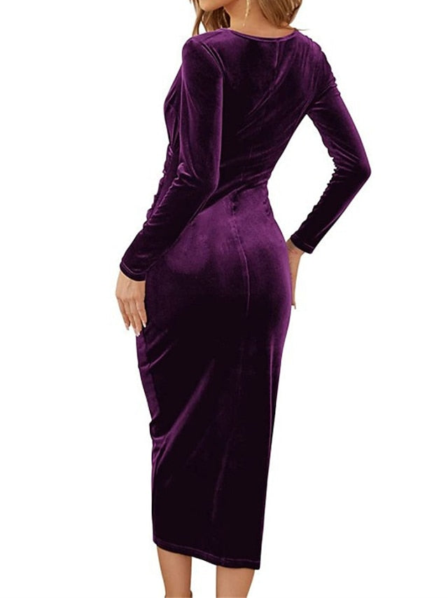 Velvet Cocktail Sleeve Ruched V Neck Fashion Midi Dress