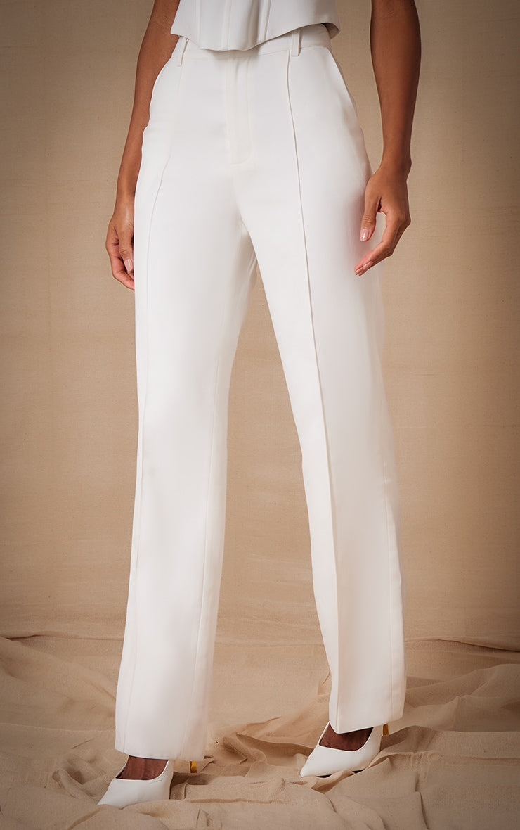 White Woven Pintuck Straight Leg Trousers