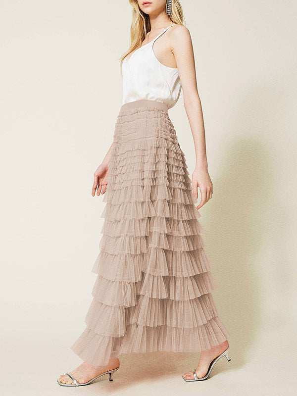 A-Line High Waisted Solid Color Tulle Skirts