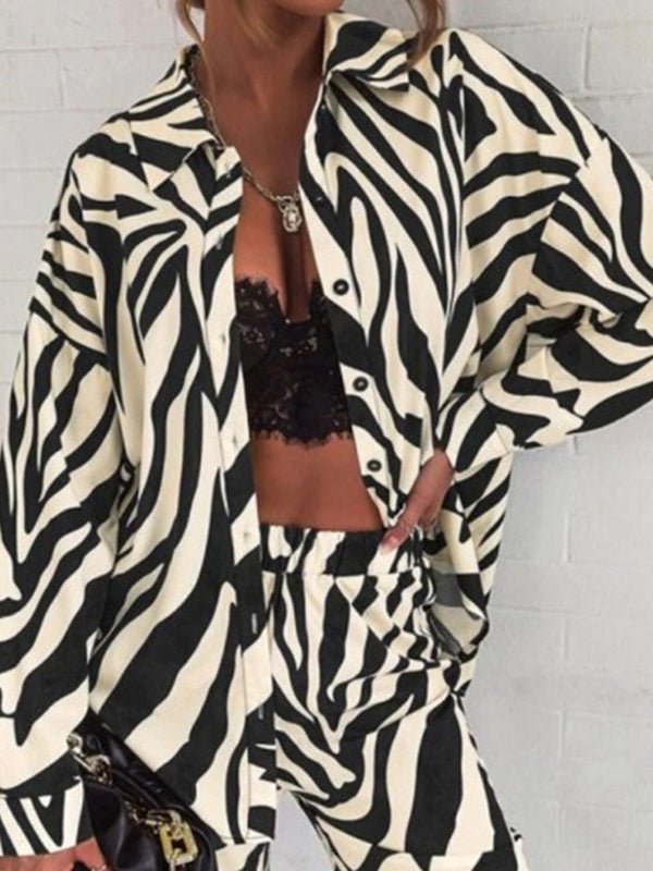 Zebra-Stripe Plus Size Lapel Blouses Top   Pants Bottom Two Pieces Set