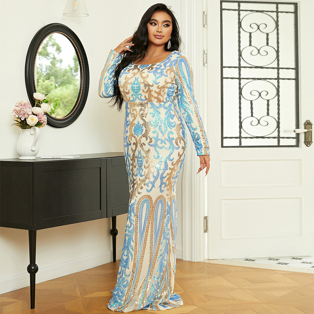 Plus Size Long Sequined Maxi Evening Dress