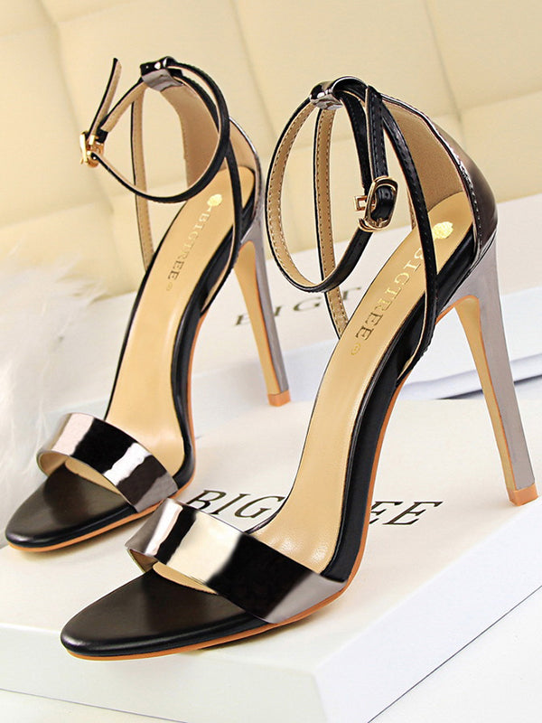 Belt Buckle Open Toe Shiny Split-Joint Pumps Sandals