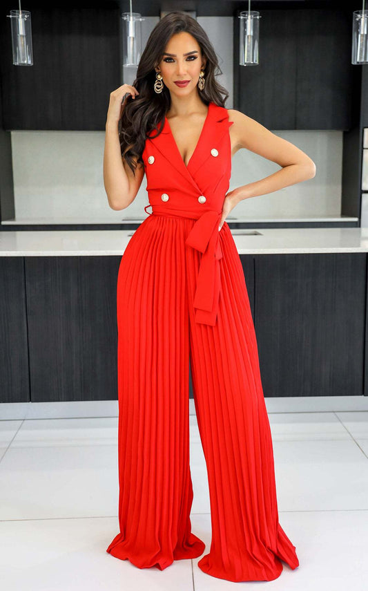 V neck Sleeveless Backless Elegant Street Pleated Wide Leg Jumpsuit