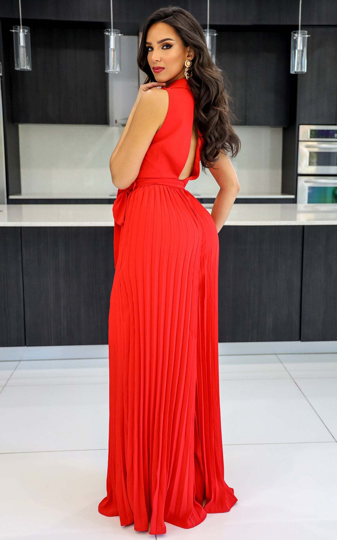 V neck Sleeveless Backless Elegant Street Pleated Wide Leg Jumpsuit