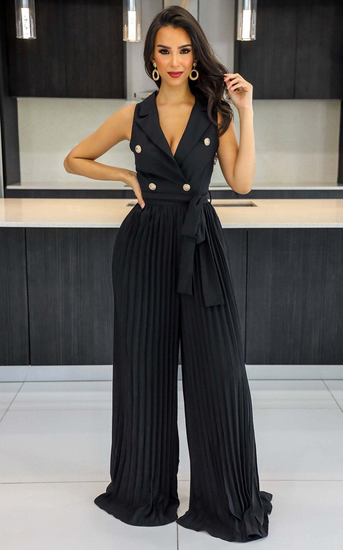 V neck Sleeveless Backless Elegant Street Pleated Wide Leg Jumpsuit