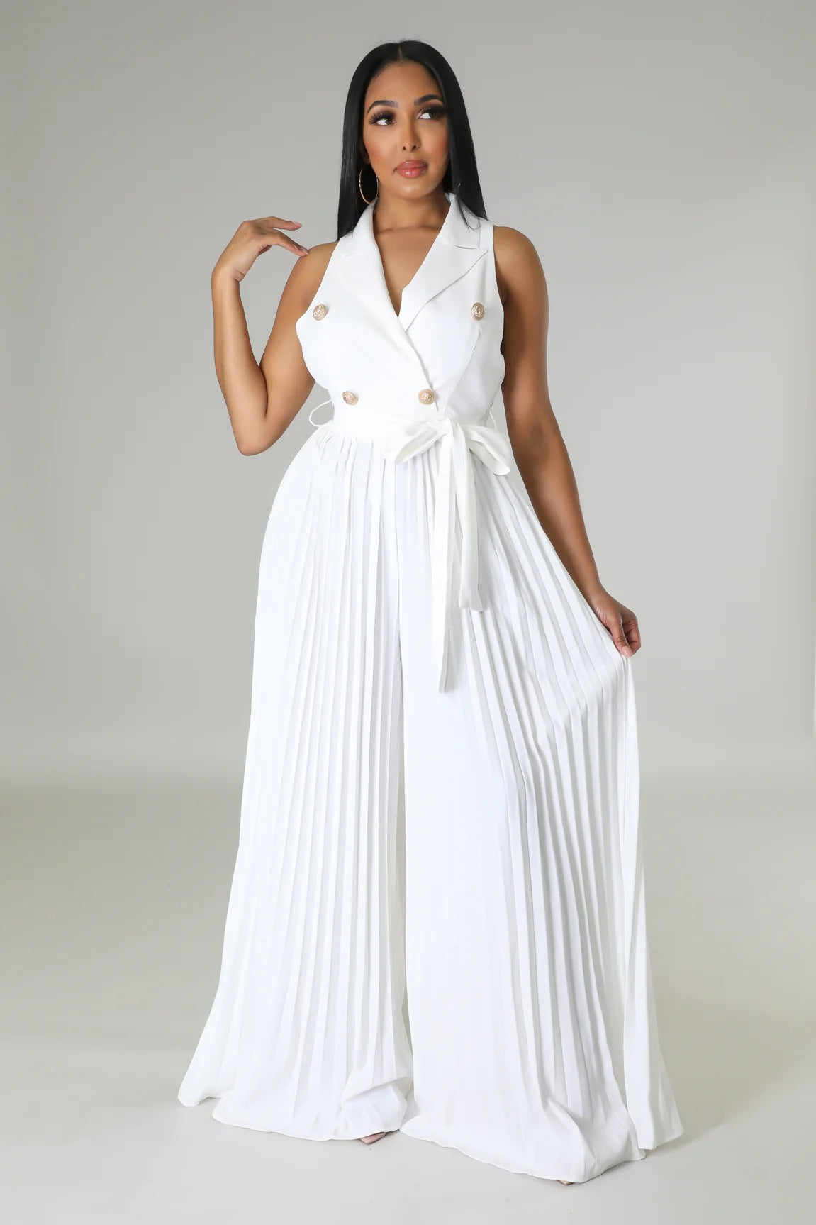 V neck Sleeveless Backless Elegant Street Pleated Wide Leg Jumpsuit