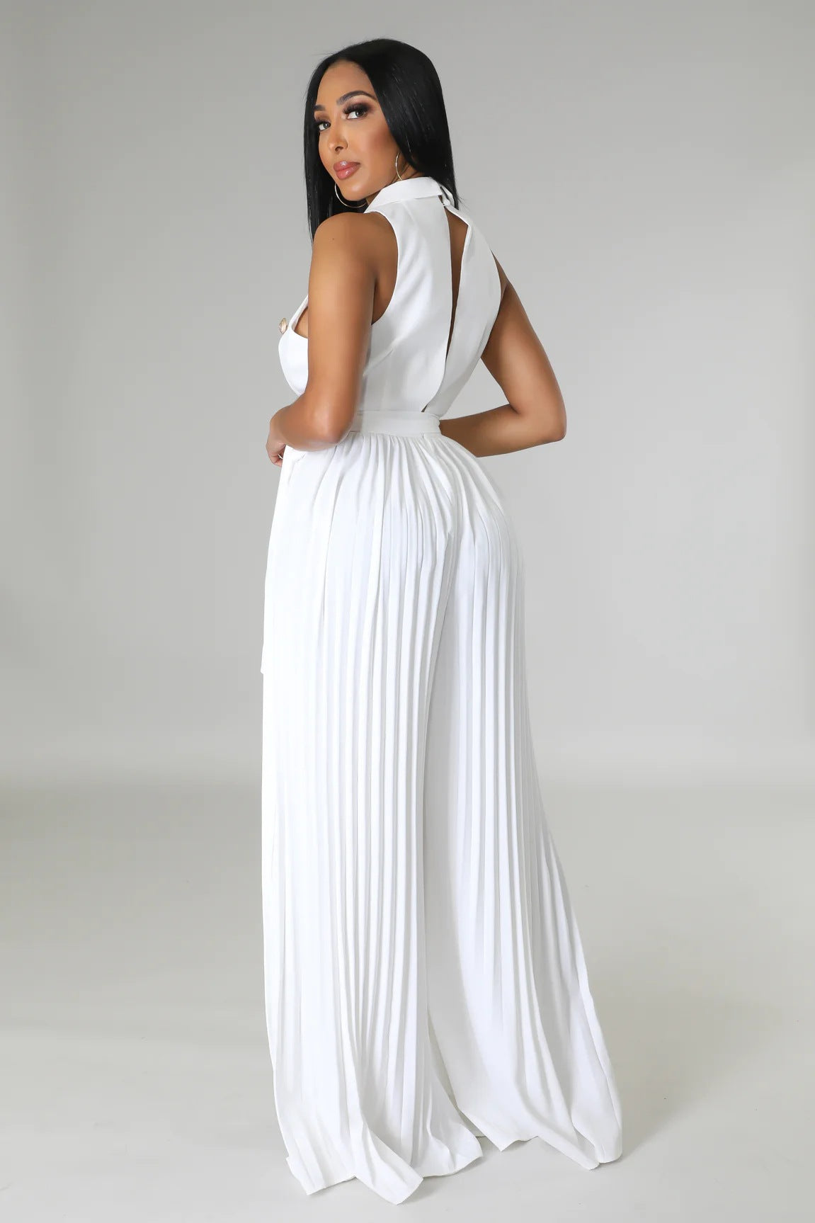 V neck Sleeveless Backless Elegant Street Pleated Wide Leg Jumpsuit