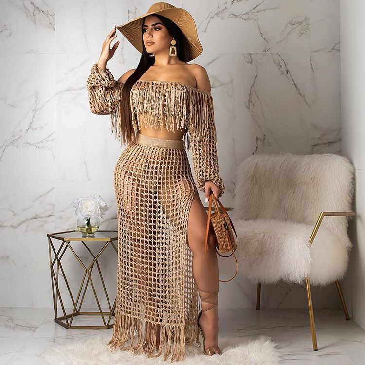 Mesh Tassel Beach Skirt Two Piece Cover Up Set