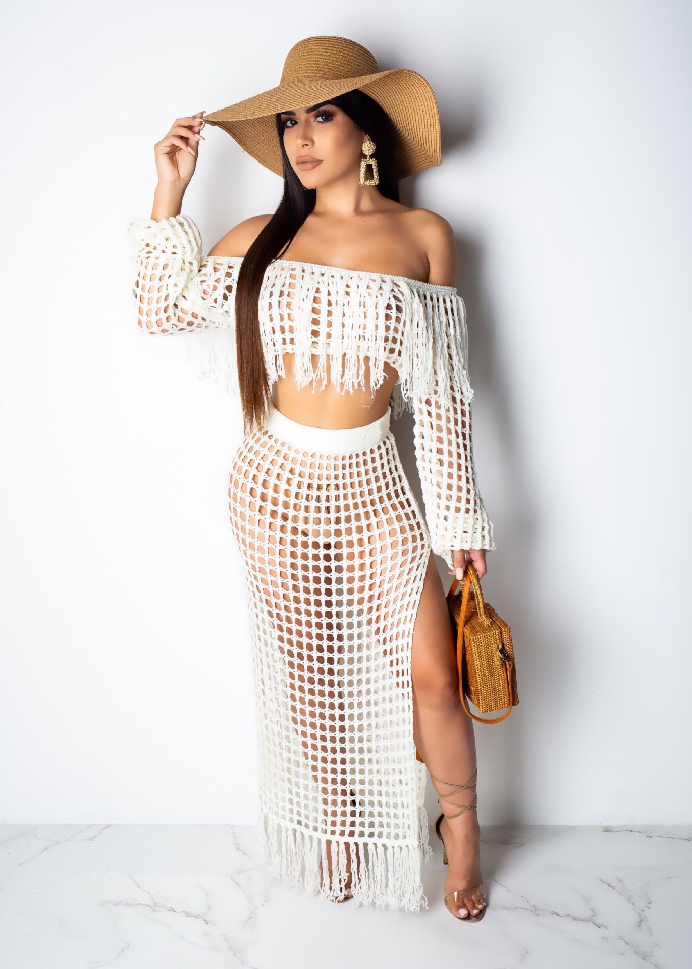 Mesh Tassel Beach Skirt Two Piece Cover Up Set