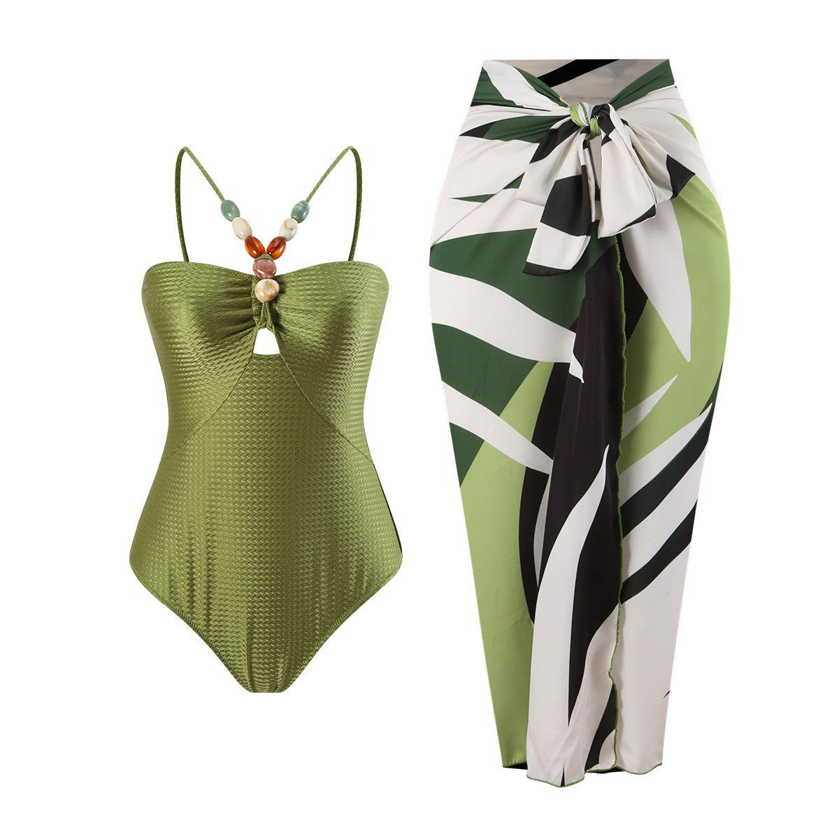 Ladies Swimsuit Multicolor Hollow Out Cutout Gem Sling French Two Piece Maxi Dress Swimsuit Bikini