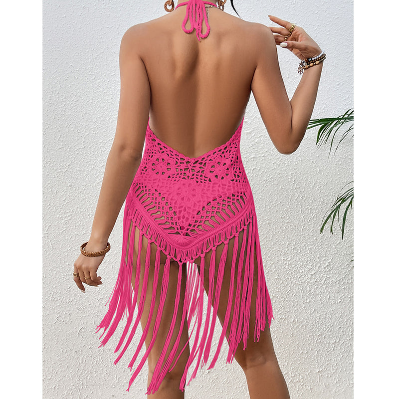 Sexy Backless Hand Crocheting Lace Up Cutout Tassel Bikini Top