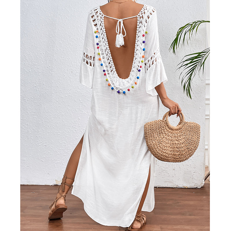 Women Hand Hook Stitching Colorful Ball Sexy Hollow Out Cutout Backless Loose Beach Long Cover Dress