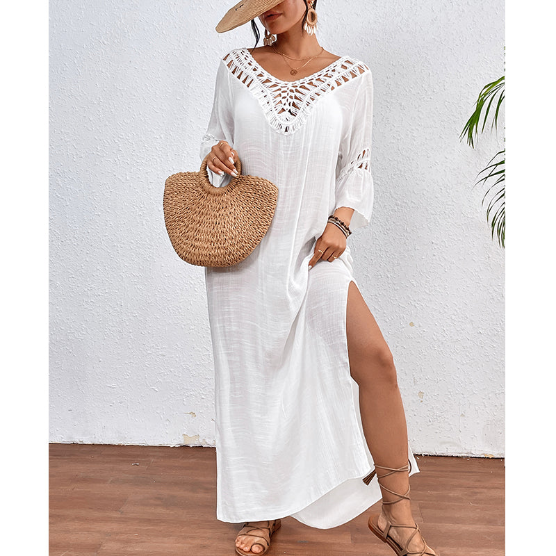 Women Hand Hook Stitching Colorful Ball Sexy Hollow Out Cutout Backless Loose Beach Long Cover Dress