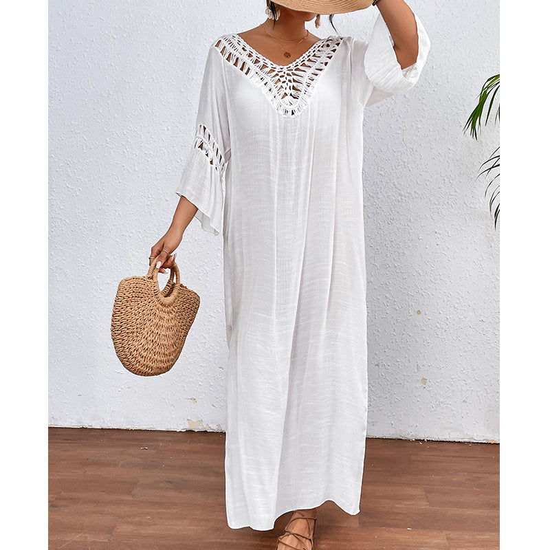 Women Hand Hook Stitching Colorful Ball Sexy Hollow Out Cutout Backless Loose Beach Long Cover Dress