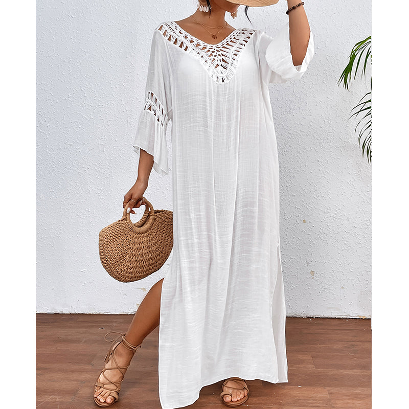 Women Hand Hook Stitching Colorful Ball Sexy Hollow Out Cutout Backless Loose Beach Long Cover Dress