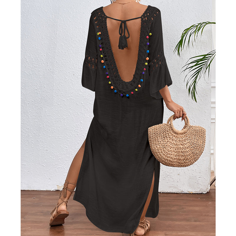 Women Hand Hook Stitching Colorful Ball Sexy Hollow Out Cutout Backless Loose Beach Long Cover Dress