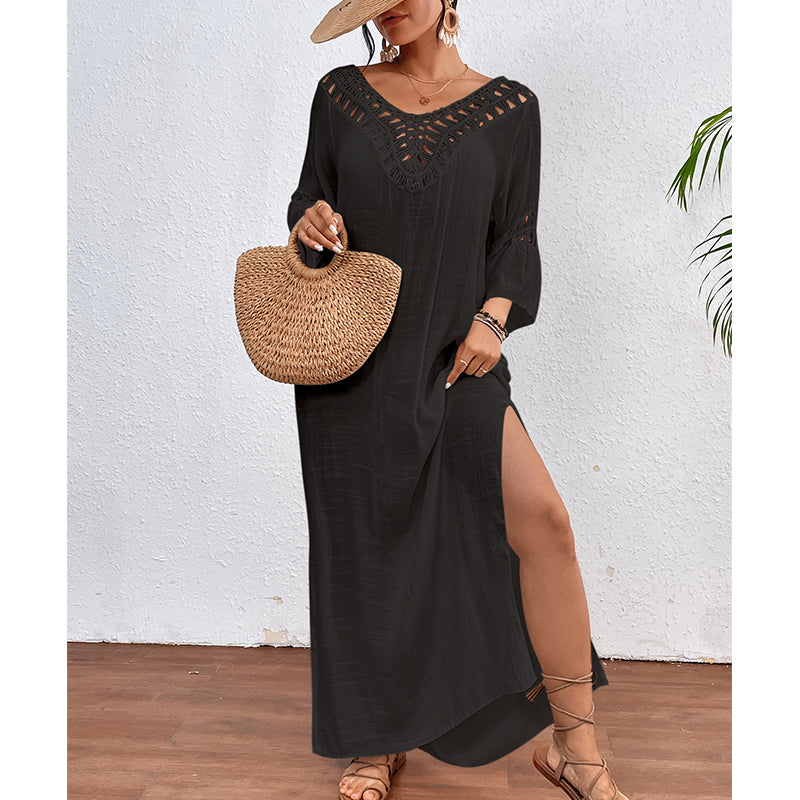 Women Hand Hook Stitching Colorful Ball Sexy Hollow Out Cutout Backless Loose Beach Long Cover Dress