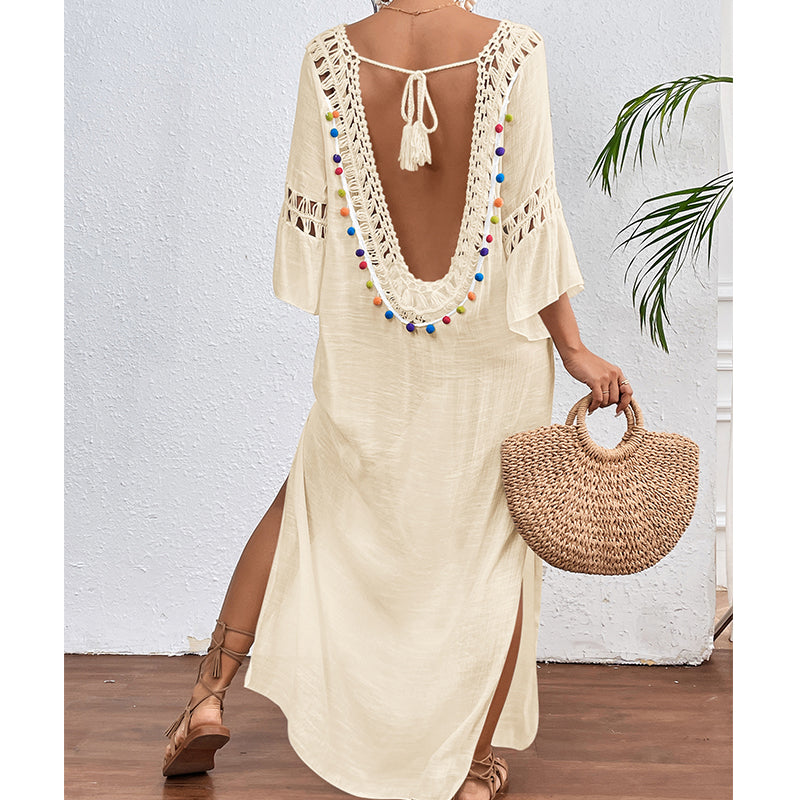 Women Hand Hook Stitching Colorful Ball Sexy Hollow Out Cutout Backless Loose Beach Long Cover Dress