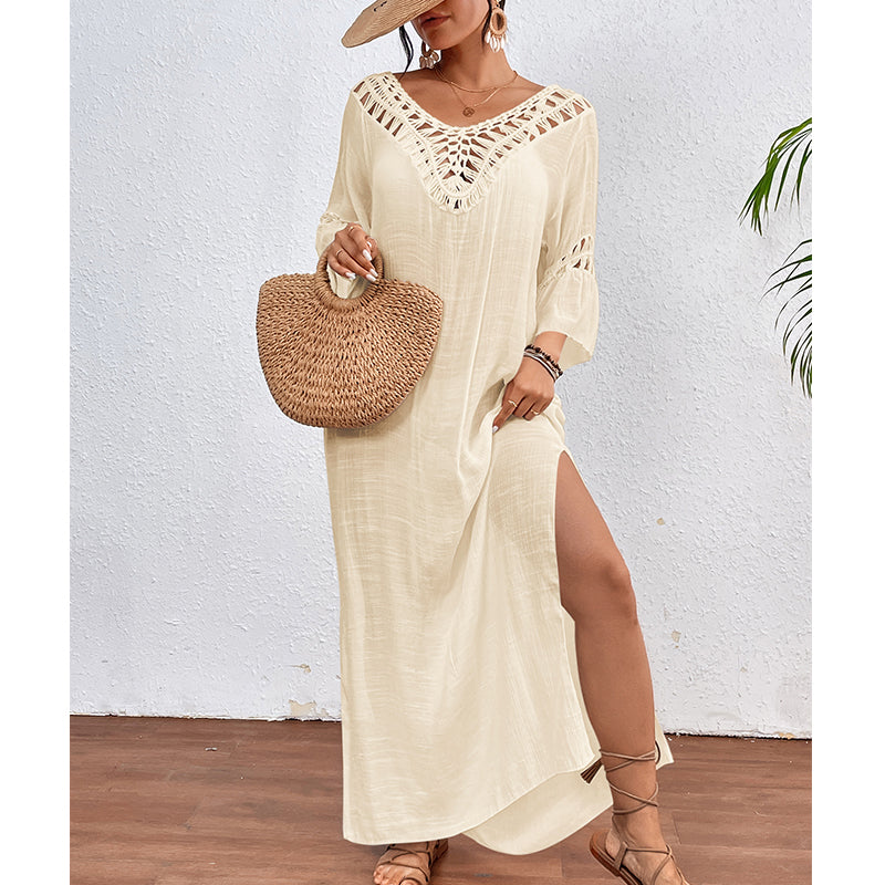 Women Hand Hook Stitching Colorful Ball Sexy Hollow Out Cutout Backless Loose Beach Long Cover Dress