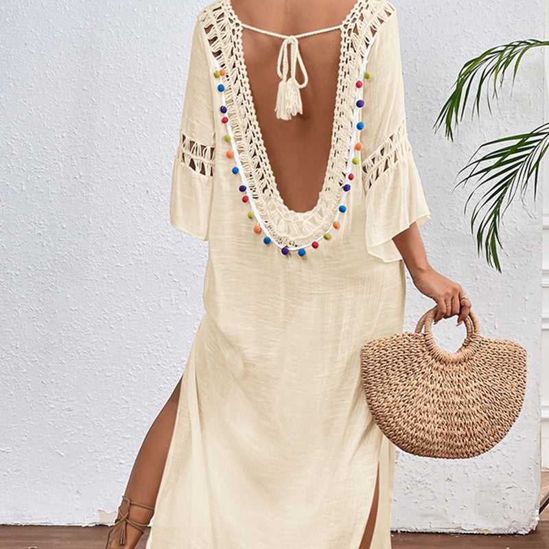 Women Hand Hook Stitching Colorful Ball Sexy Hollow Out Cutout Backless Loose Beach Long Cover Dress