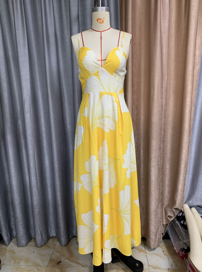 Spring Women Sexy Print Sling High Waist Mid Length Dress