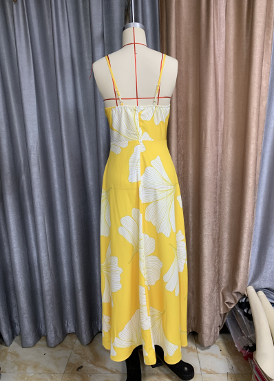 Spring Women Sexy Print Sling High Waist Mid Length Dress