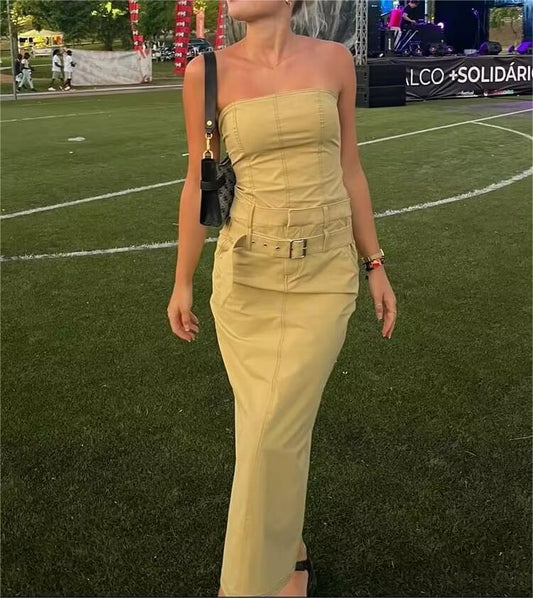 Off The Shoulder Tube Top  with Belt Slit Slim Fitting  Slimming Dress