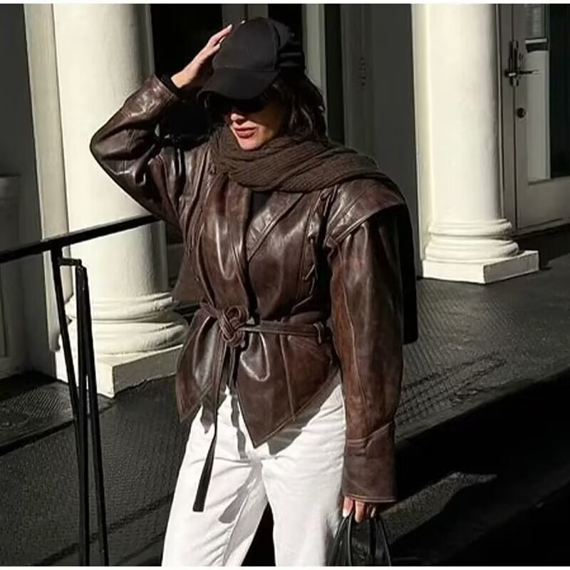 Women Clothing Autumn Winter Street Design Retro Leather Coat