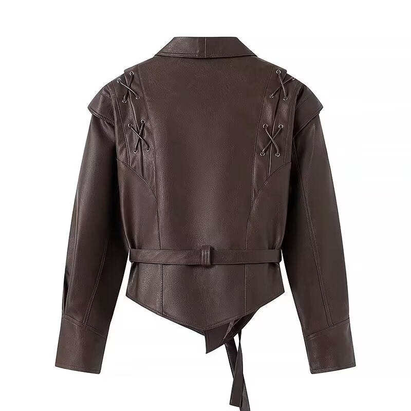 Women Clothing Autumn Winter Street Design Retro Leather Coat