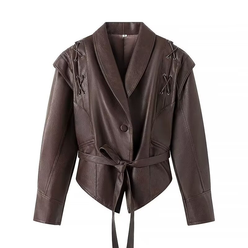 Women Clothing Autumn Winter Street Design Retro Leather Coat