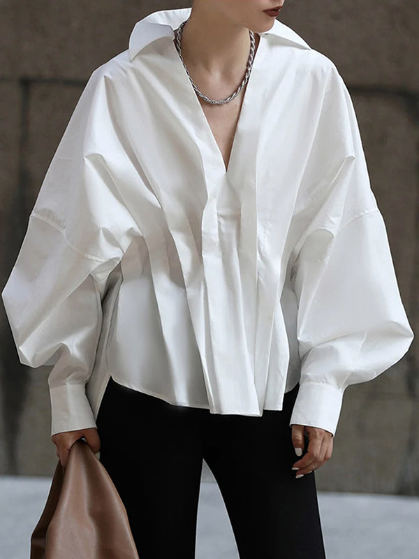 Original Creation Long Sleeves Loose Pleated Solid Color Lapel Collar Blouse