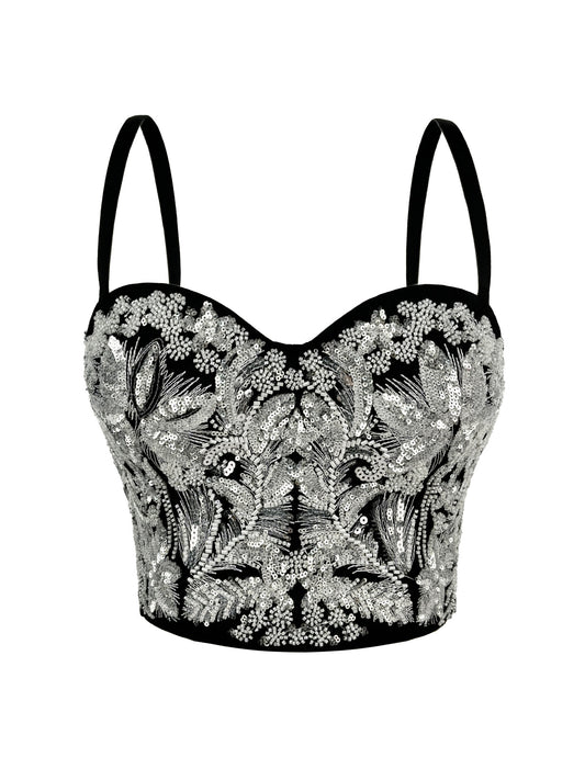 Vintage Embroidery Beads Boning Corset Sequined Crop Top