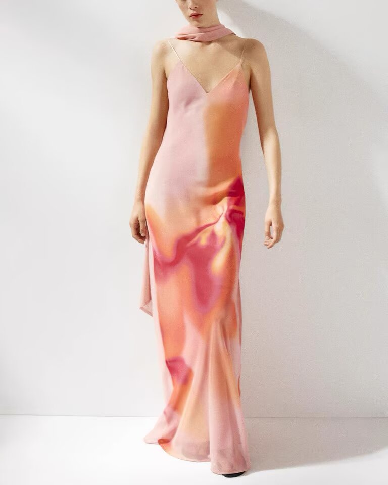 Women Clothing Autumn Elegant Sweet Spicy Wind Belt Scarf Decoration Tie Dyed Printed Dress