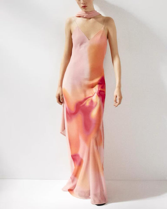 Women Clothing Autumn Elegant Sweet Spicy Wind Belt Scarf Decoration Tie Dyed Printed Dress