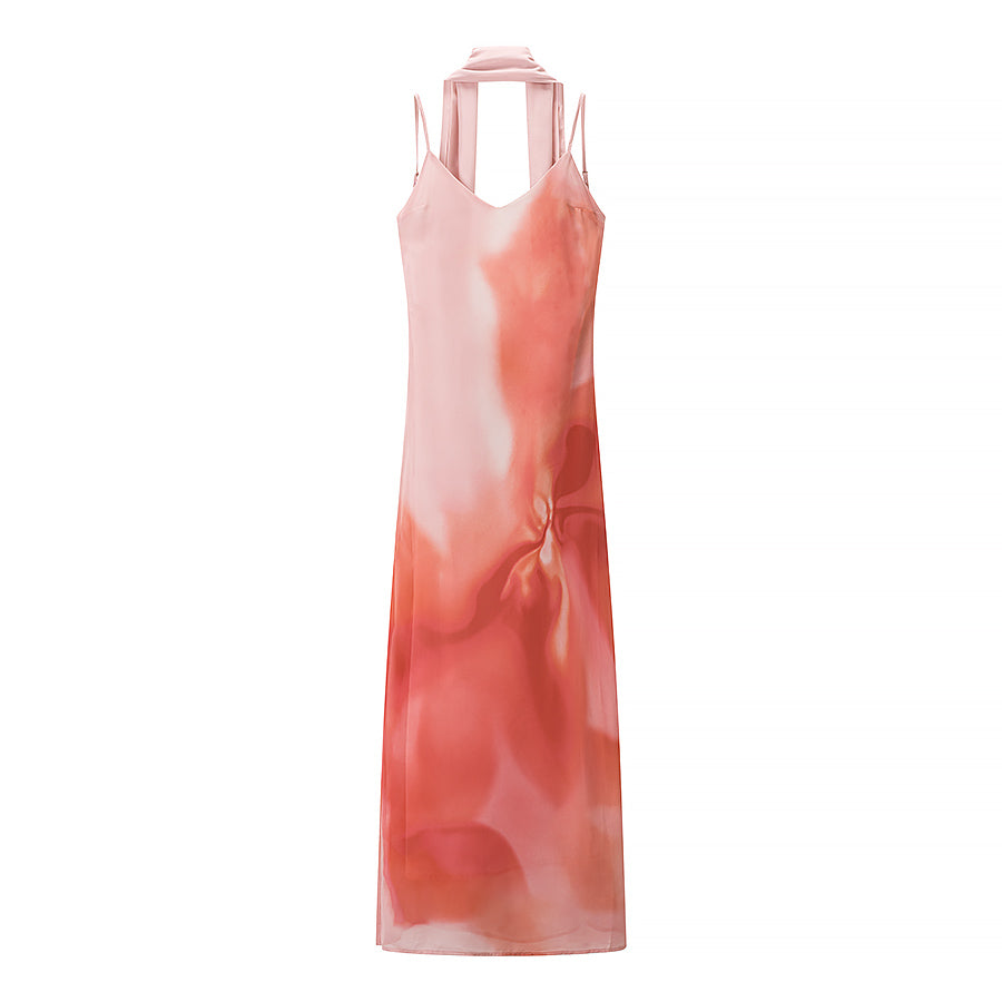Women Clothing Autumn Elegant Sweet Spicy Wind Belt Scarf Decoration Tie Dyed Printed Dress