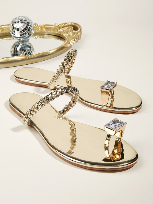 Gold Metallic Rhinestone Braided Thong Sandals