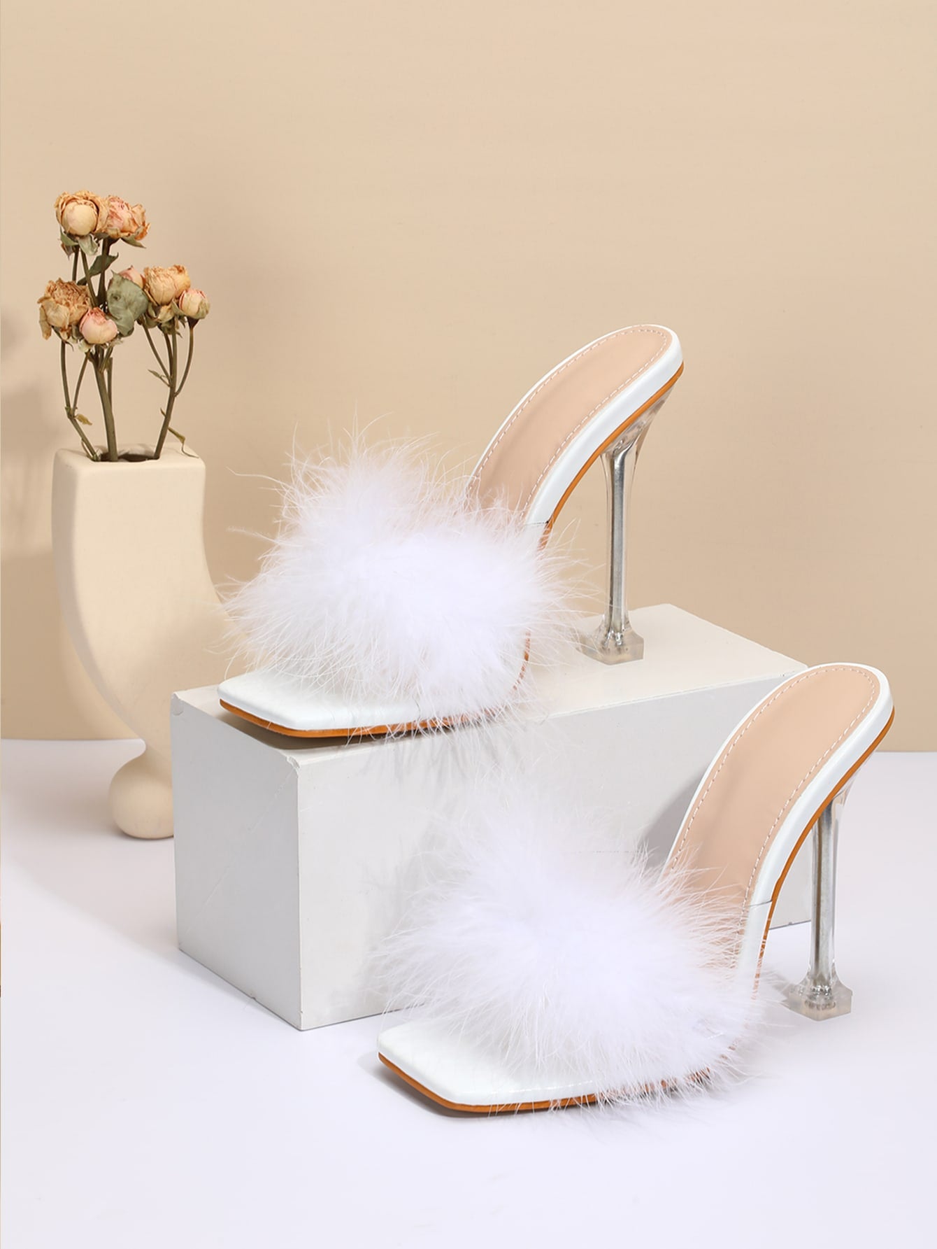 White Fluffy Detail Mule Sandals, Elegant Stiletto Heeled Open Toe Sandals