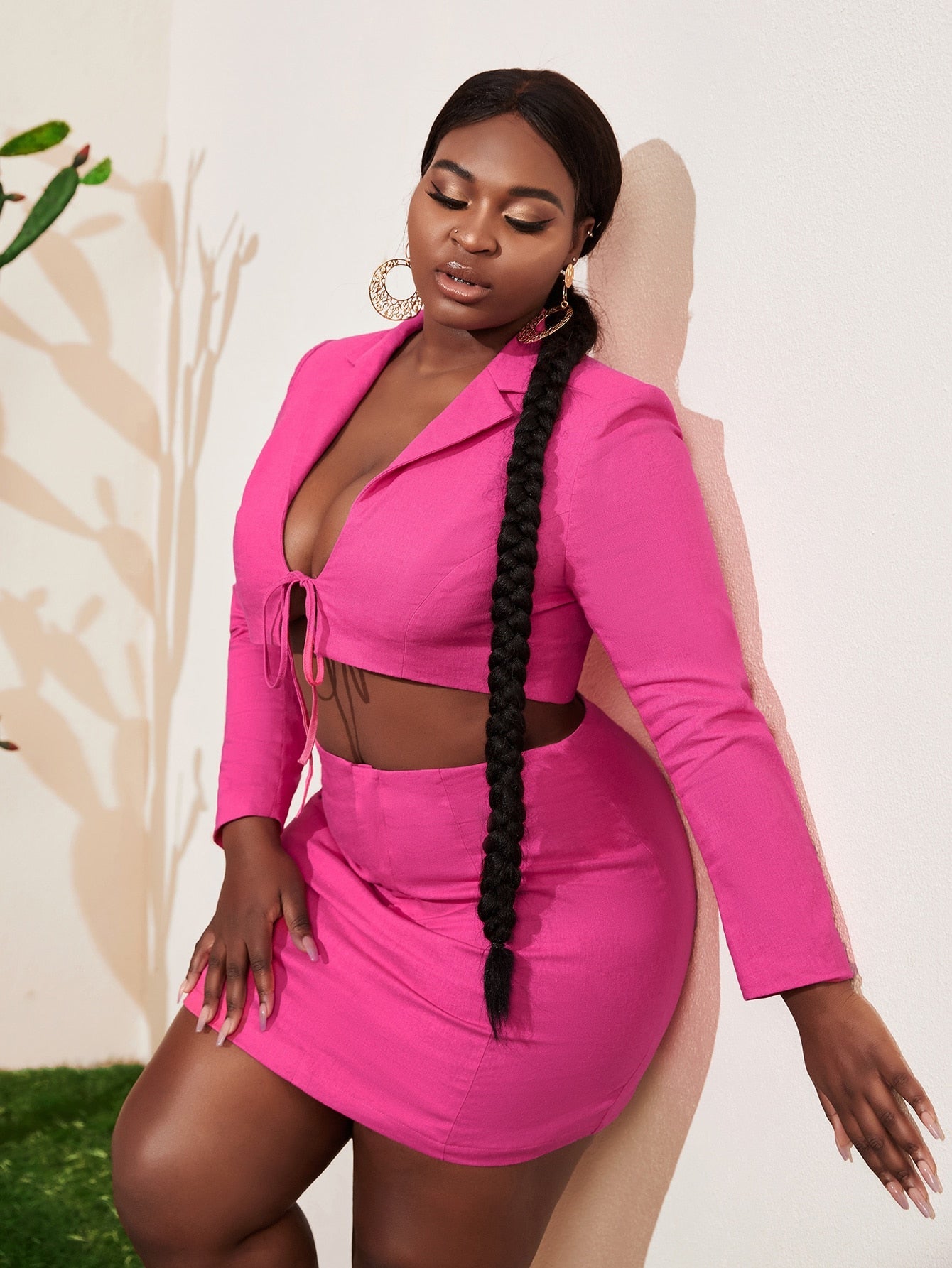 Plus Lapel Neck Lace Up Crop Top & Bodycon Skirt Set