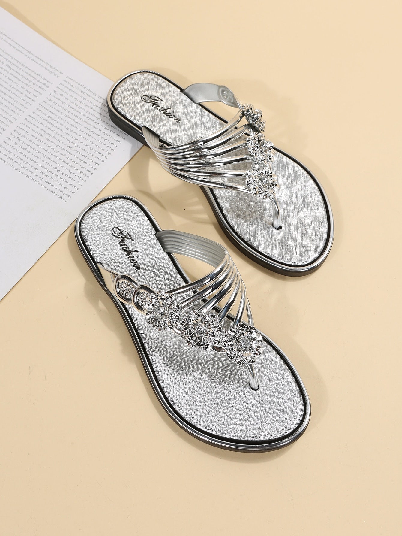 Funky Outdoors Thong Sandals For Women, Metallic Rhinestone & Flower Decor Plain PVC Toe Post Flat Sandals