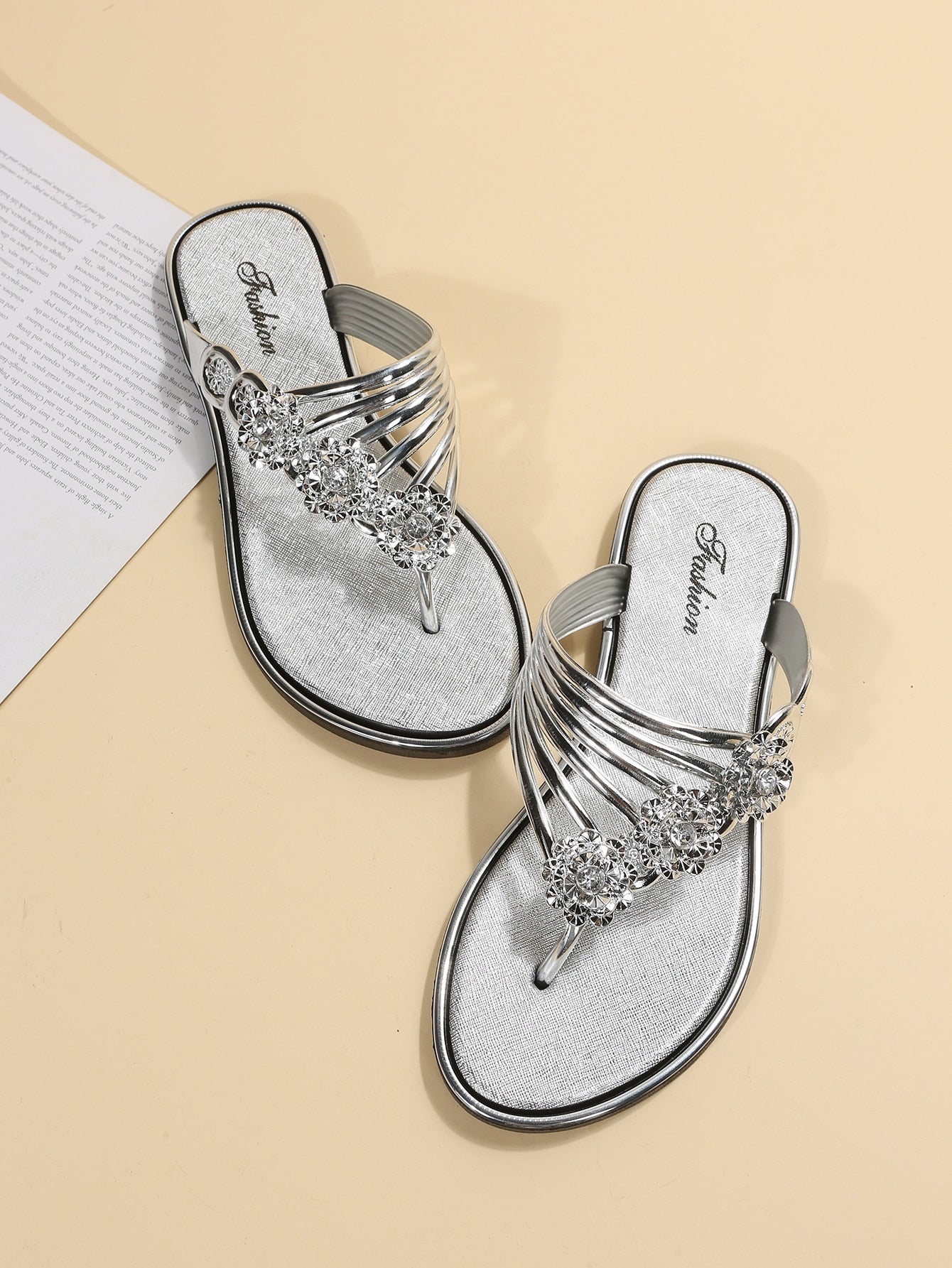 Funky Outdoors Thong Sandals For Women, Metallic Rhinestone & Flower Decor Plain PVC Toe Post Flat Sandals