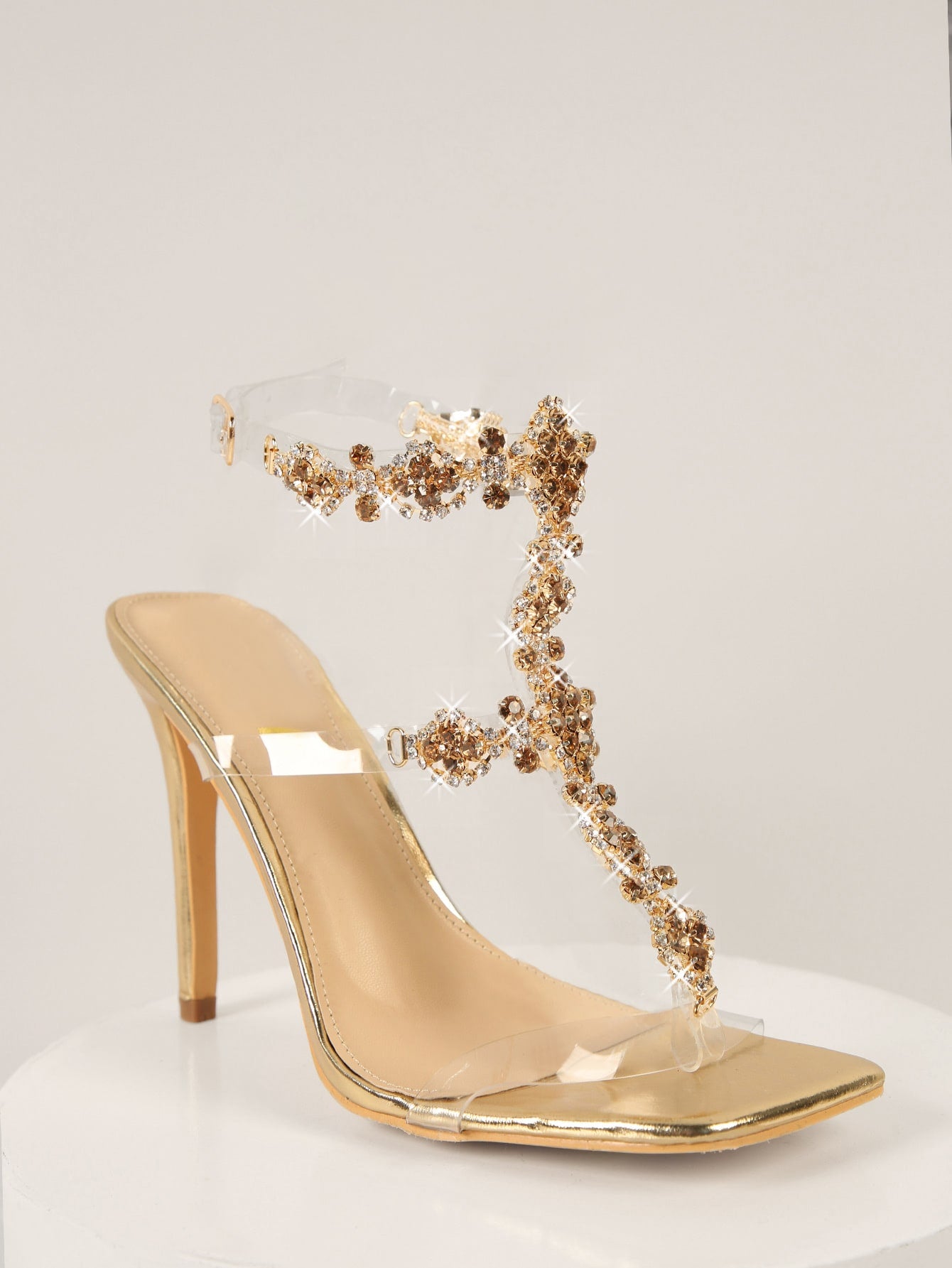 Haute Rhinestone Ankle Strap Open Toe Heels