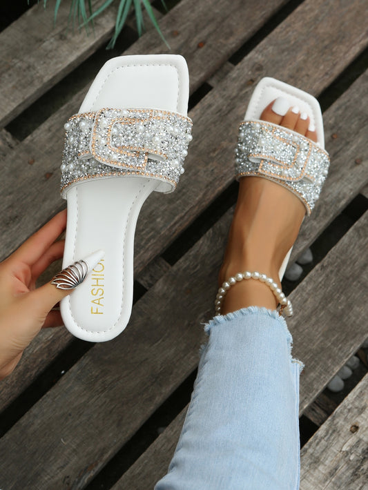 Women Rhinestone & Faux Pearl Decor Flat Sandals, Glamorous Glass Slide Sandals For Outdoor